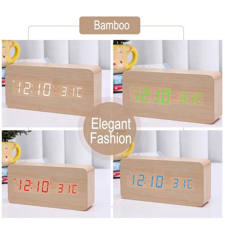 Creative Fashion Digital Alarm Clock with Indoor Temperature and Humidity Digital Wood Table Clock Wooden Desk Alarm Clock