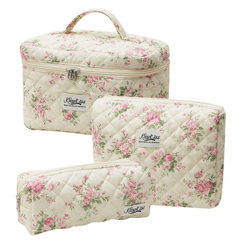 Hand-held makeup bag large capacity small floral storage bag portable quilted cotton fabric cute flowers travel bag