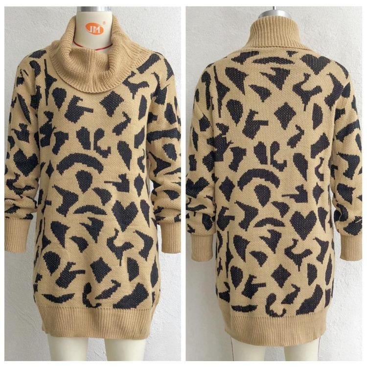 Women Casual Leopard Print Knit Sweater Dress Spring Fall Loose Waist Straight Collar Full Sleeve Above Knee Mini S-L