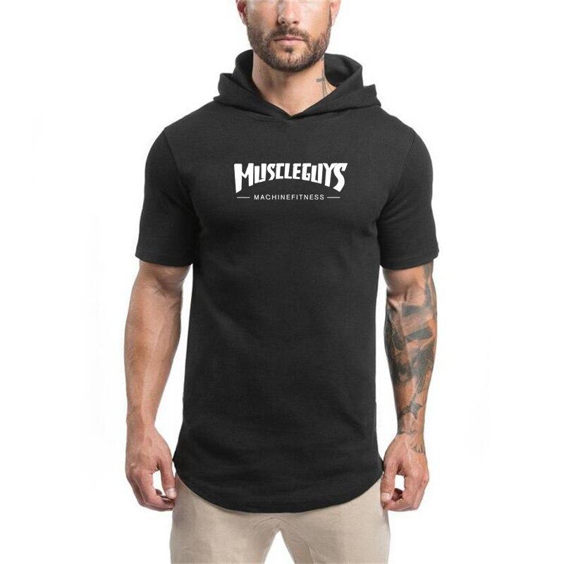 Muscleguys Summer  Men’s Fitness Bodybuilding Hooded T-shirt Youth Trend Sports T-shirt with Hoodie Fashion All-match Casual Short-sleeve