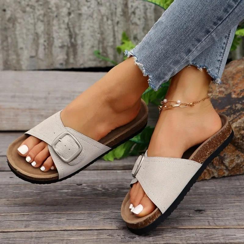 Fashion 2025 Summer Hot Selling Women's Shoes Fashion Solid Color Open Toe Flat Ladies Slippers Solid Color Mid Heel Buckle Beach Shoes