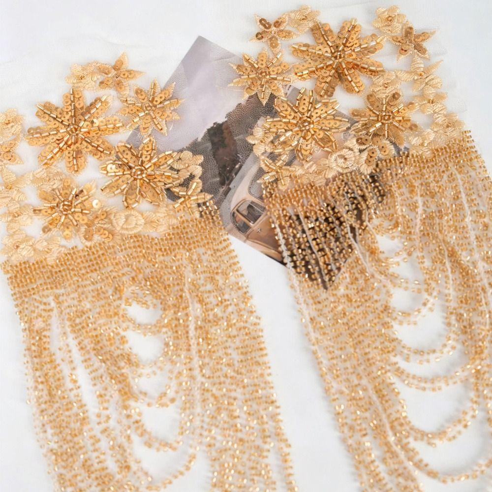White Gold Color Shoulder Decoration Beaded Sequins Tassel Chain Wedding Dress Decoration Lace Handmade Gold Embroidery
