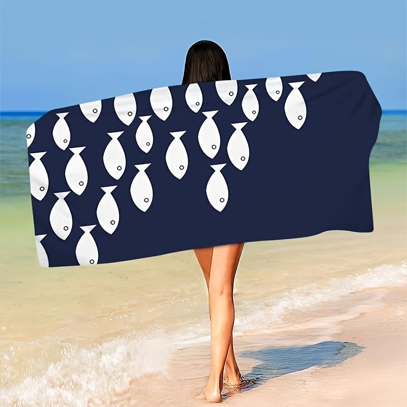 1pc Quick-Dry and Super Absorbent Beach Towel, Lightweight Soft Polyester Swim Towel with Navy Blue Fish Pattern, Perfect for