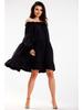 Trapeze Dress with Ruffles and Long Viscose Sleeves, Black S/M