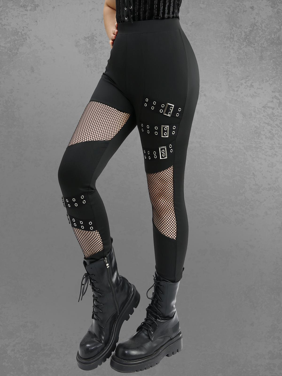 

Узкие брюки Rosegal Gothic Fishnet Hollow Out Patchwork с пряжкой-люверсом 3XL чёрный