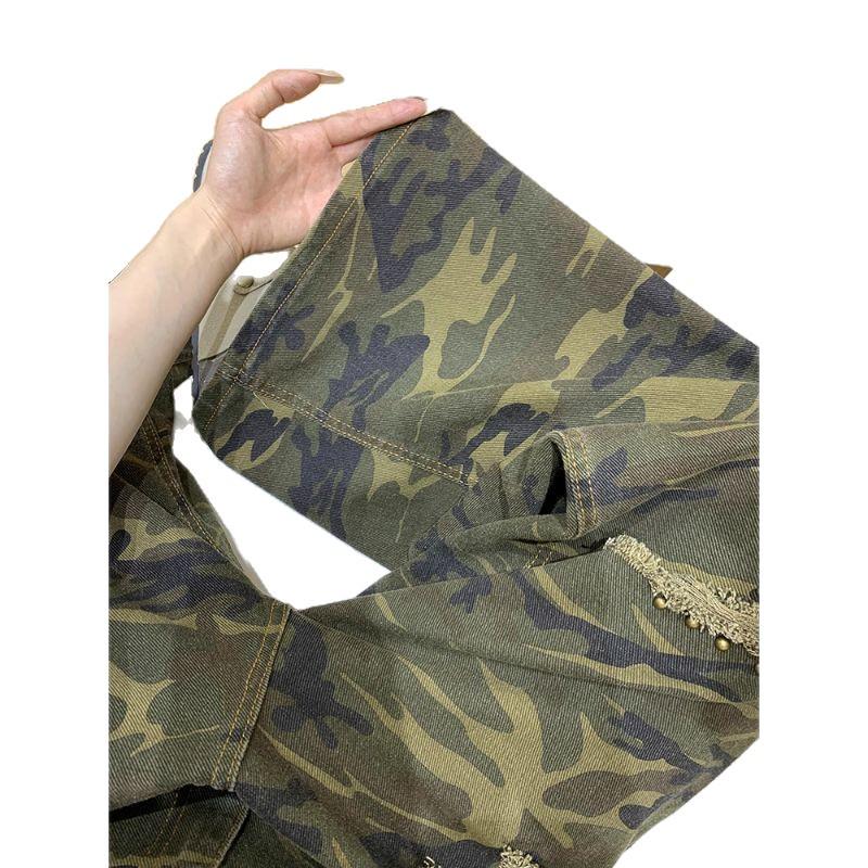 Damen 2025 Herbst High Waist Camouflage Ripped Jeans - Trendige Lockere Weite Beine Bodenlange Hose