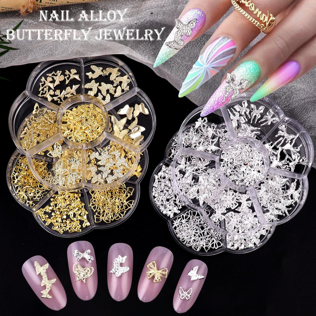 7-Grid Petal Box Nail Art Metal Alloy Three-Dimensional Bow Nail Art Jewelry Diy Silver Butterfly Nail Drill