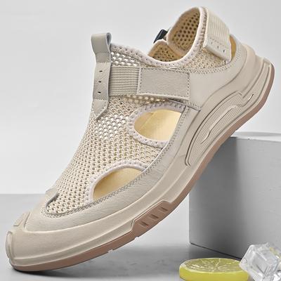 Sandálias respiráveis de malha feitas à mão de verão estilo clássico para homens, sapatos casuais para áreas externas