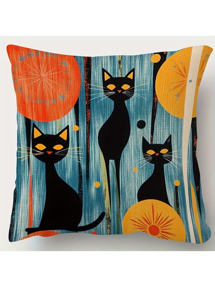 1Pc Mid-Century Black Cat Throw Pillow Cover, 2D Double-Sided Print Soft Polyester Cushion Case For Home Sofa Bedroom Car Decor