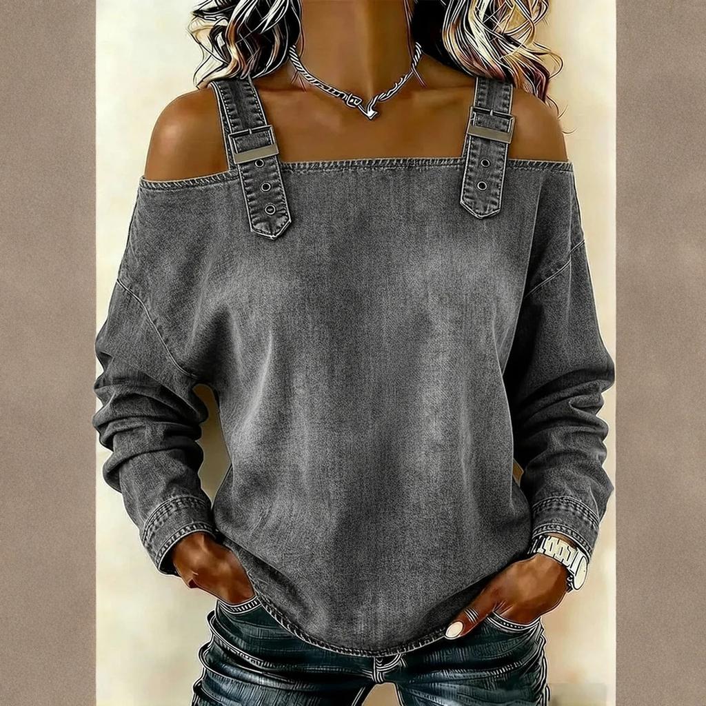 Women's Elegant And Versatile Off-the-shoulder Long-sleeved Top With Shoulder Straps.