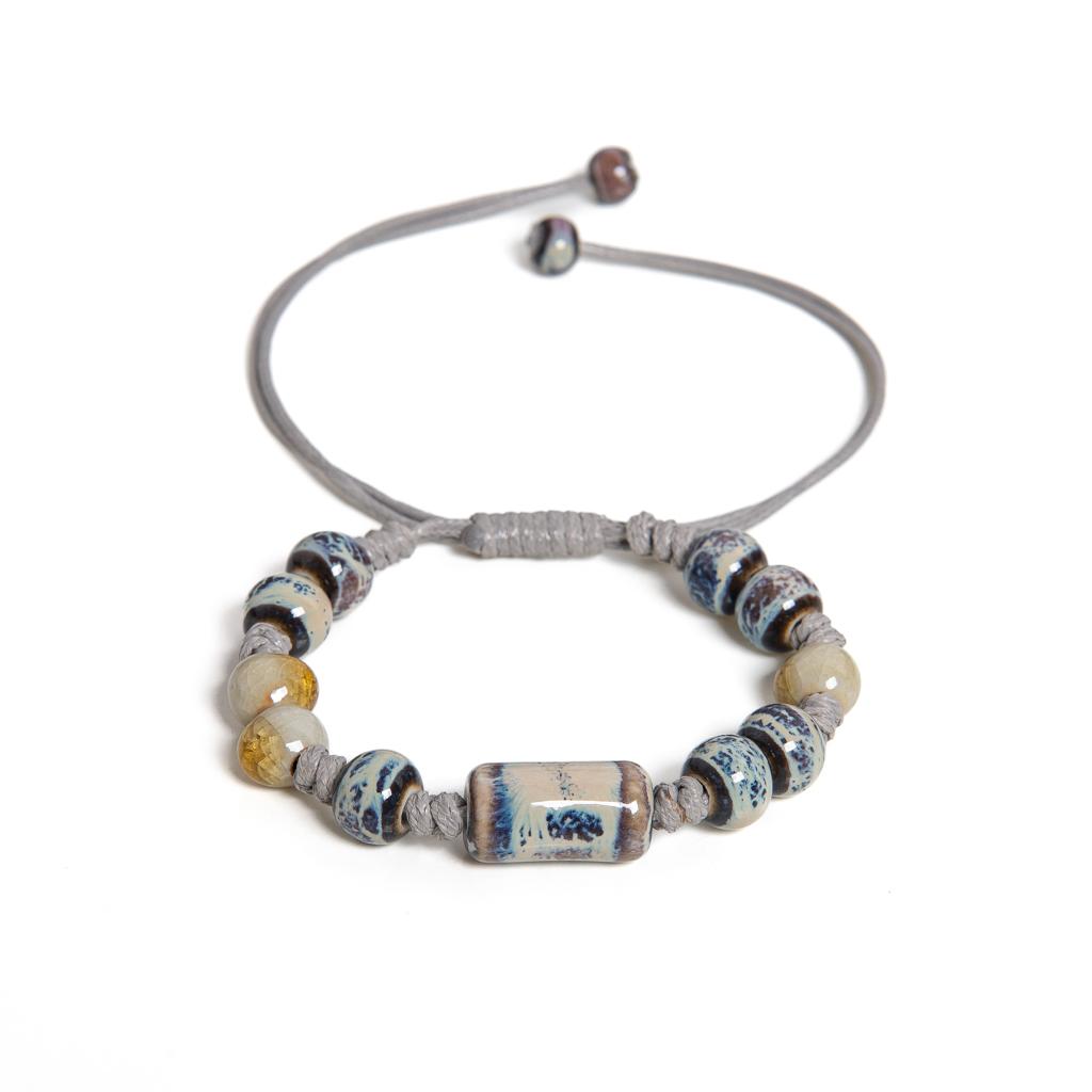 Handmade Blue Pattern Ceramic Bracelet with Adjustable Rope and Tube Beads Vintage Ethnic Jewelry
