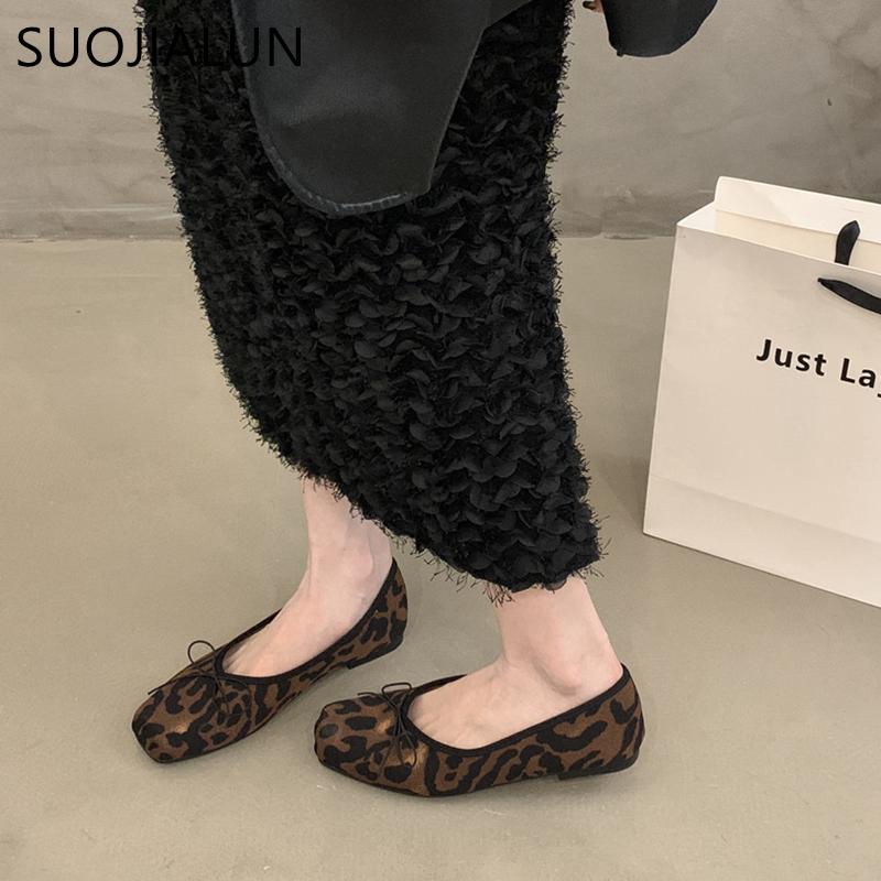 Fashion SUOJIALUN 2024 Summer New Brand Women Flat Shoes Fashion Leopard Print Ladies Elegant Shallow Slip On Soft Ballerinas Shoes