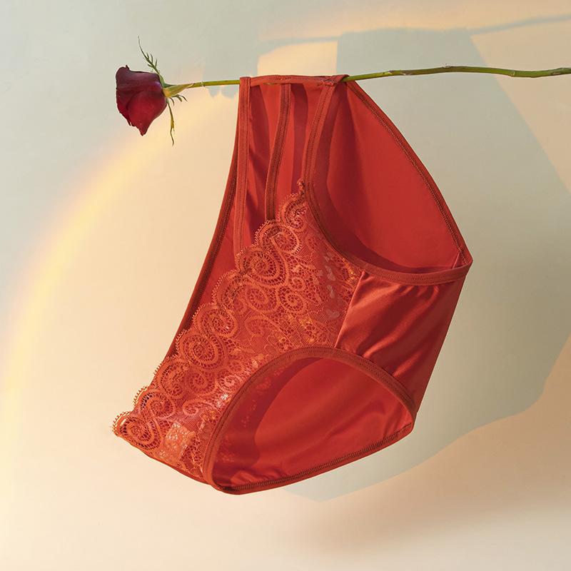 Female Summer New Style Red Satin Sexy Lace Semi Through Hollow Net Gauze Triangle Briefs
