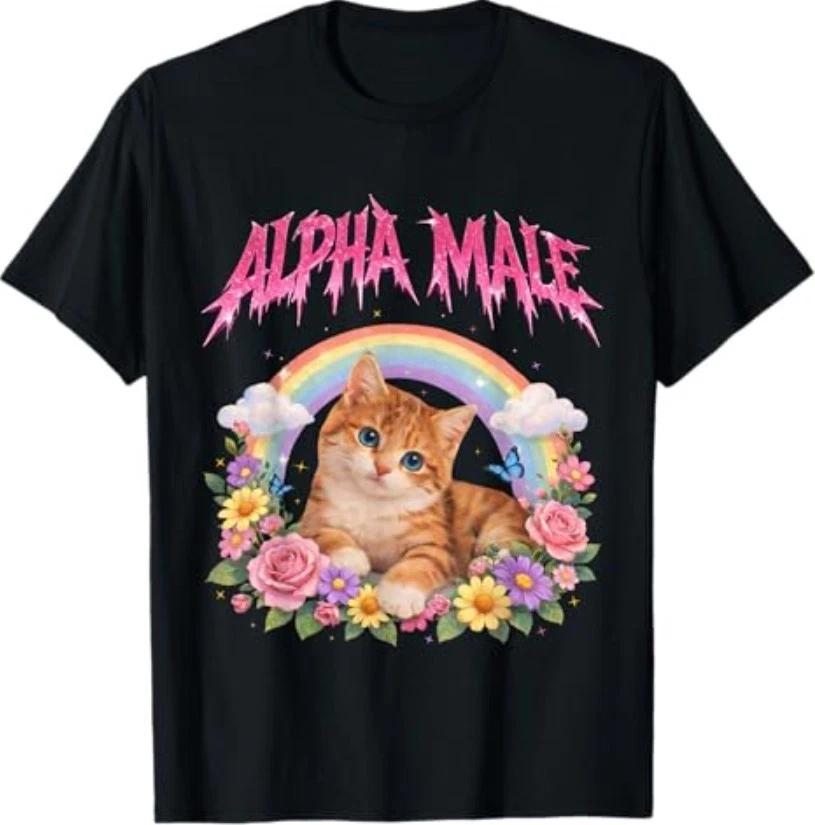 Alpha Male Funny Kitten Rainbow Floral T-Shirt S