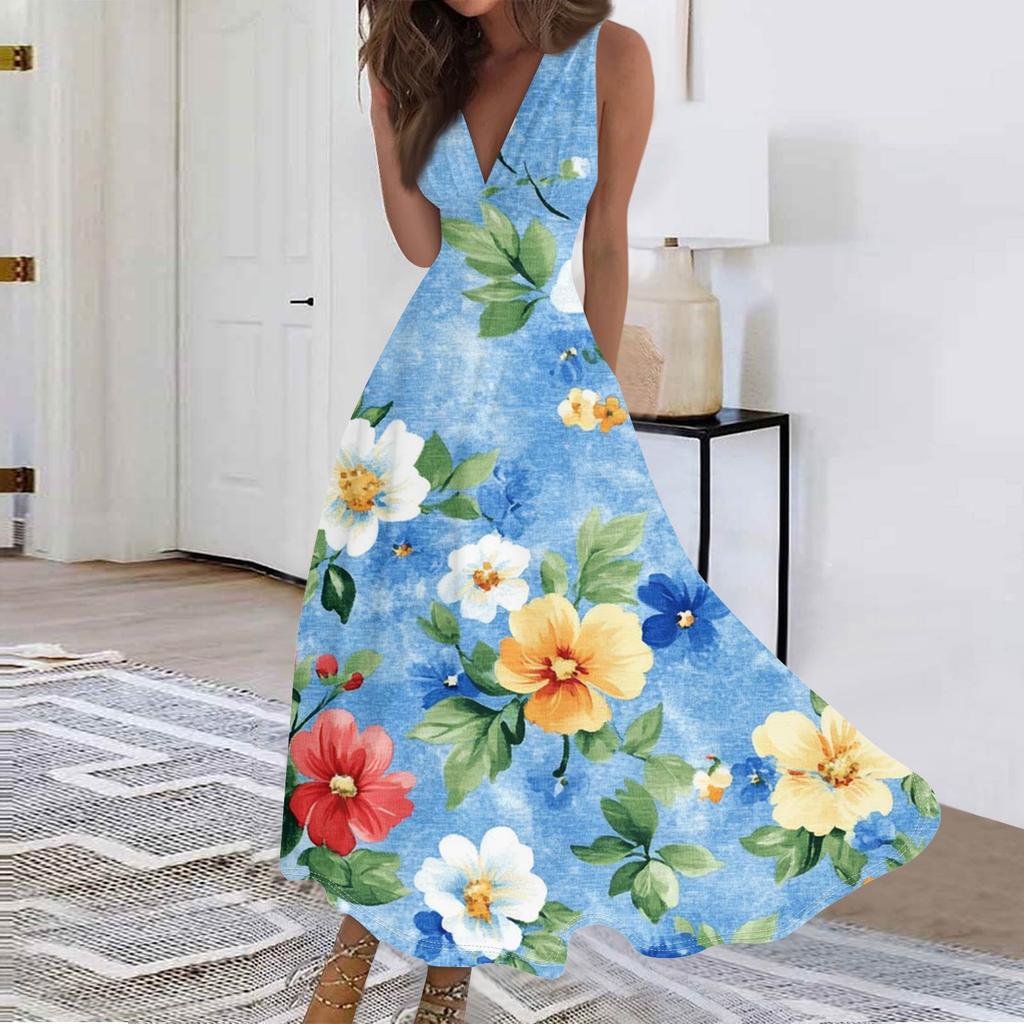 Mote dame avslappet løs V-hals ermeløs trykt kjole