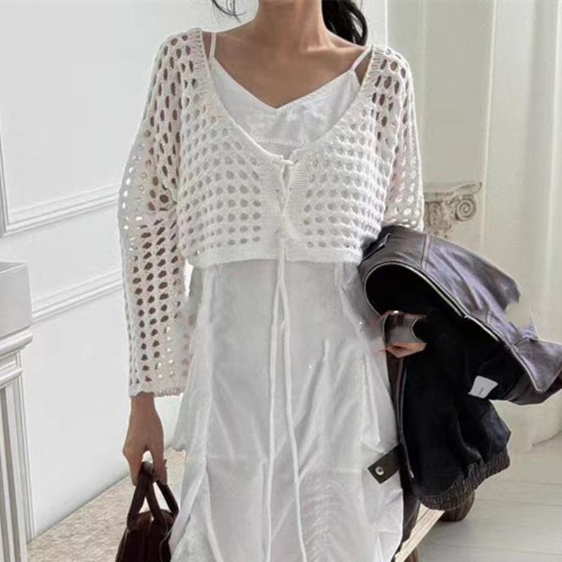 Hollow short knitted sunscreen cardigan women's summer explosion pure lace-up lazy shawl shirt