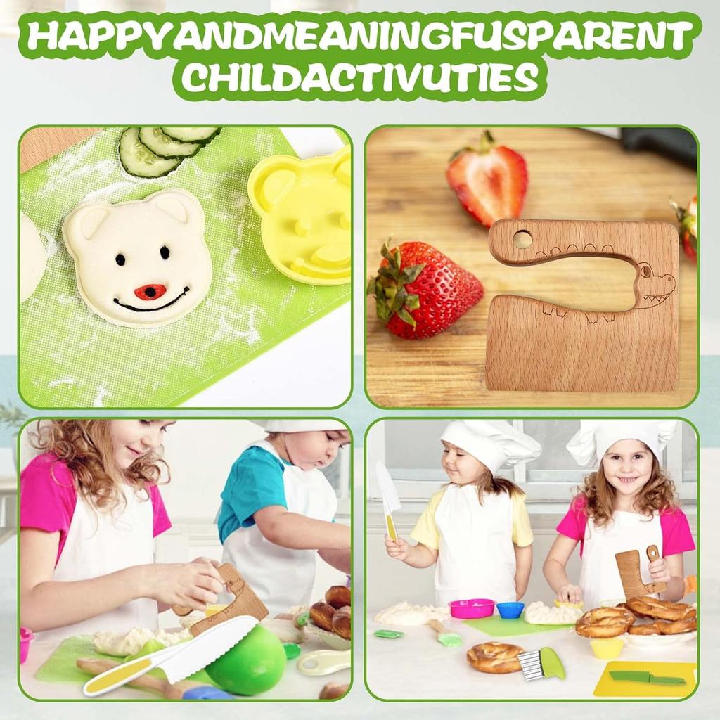 18 Pieces Montessori Kitchen Tools Cookware Baking Toy for Toddlers Kids, Toddler Safe Knife Set for Real Cooking, W/ Cutting Boards, Crinkle Cutter,