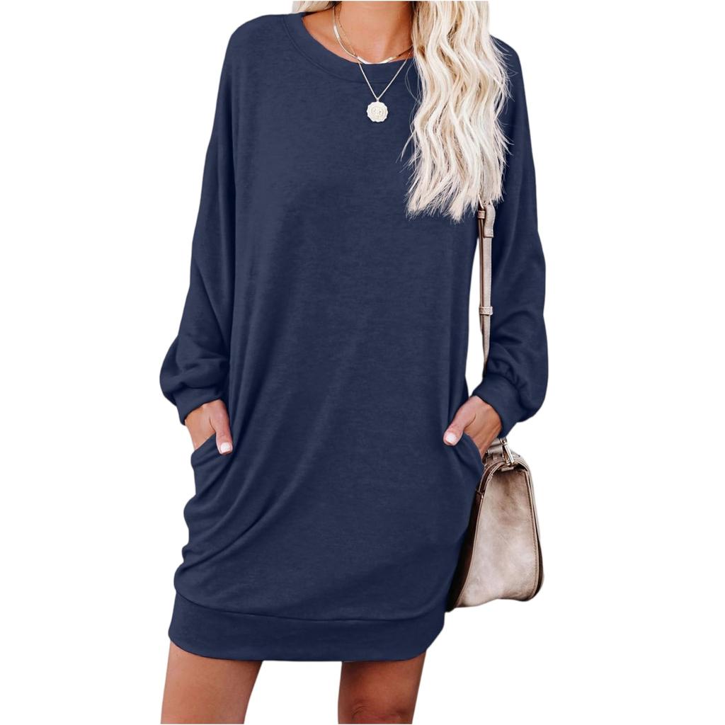 Women's Fashionable Long-sleeved Solid-color Round-neck Pocket Dress