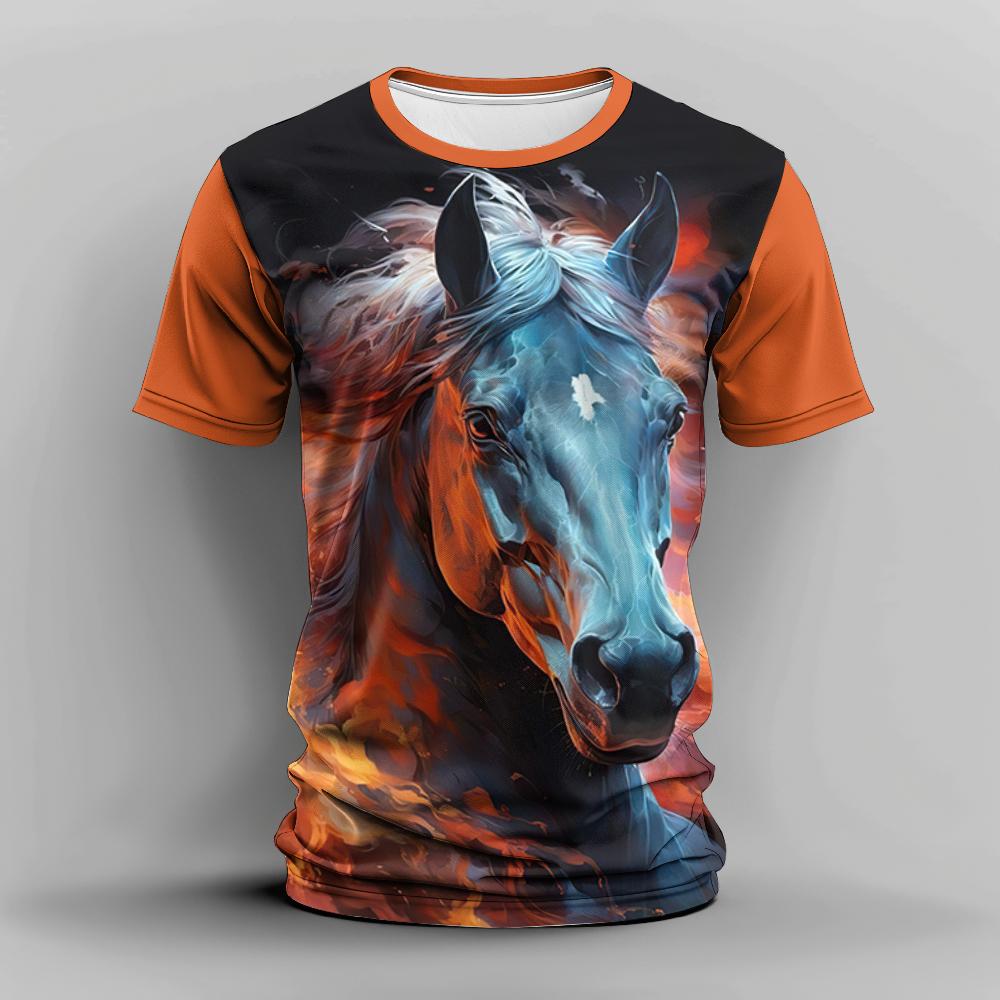 Summer Men's T Shirt 3d Horse Print Casual Crew Neck Short Sleeve Tee Oversized Clothing Animal T-Shirts Fashion Streetwear Race