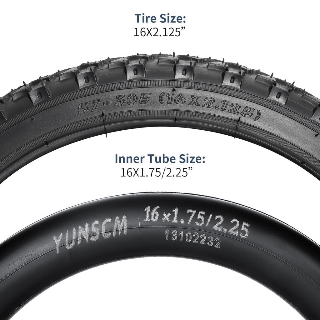 YunSCM Zestaw Opon Składanych Rowerowych Dętek z 32mm Wentylami Schrader 2, Opony 16x2.125, 57-305 + Zawory 16x1.75/2.125, Y-1108