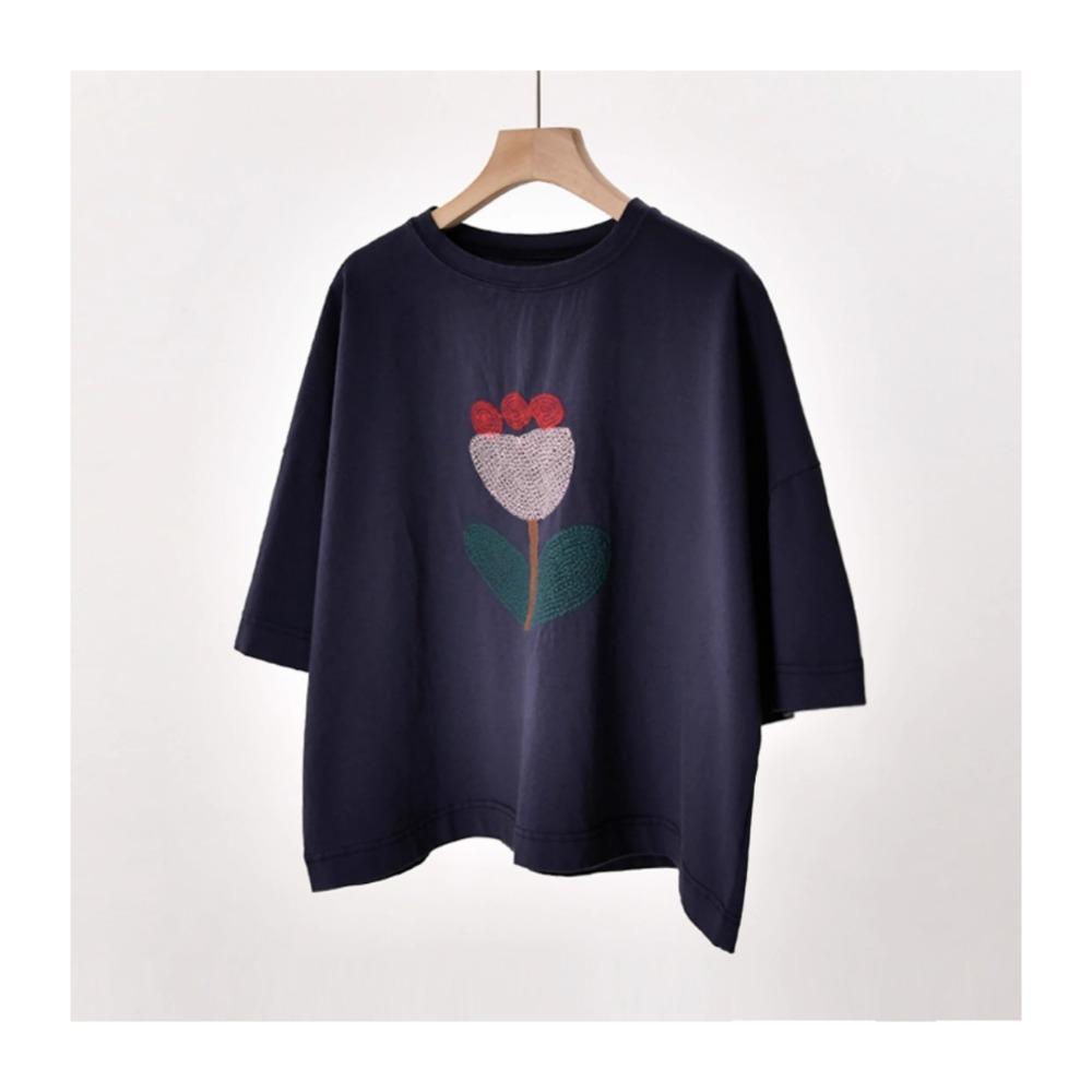 DIMANAF 2025 Summer Cotton T-shirt Women Printing Embroidery Asymmetrical Short Sleeve Loose