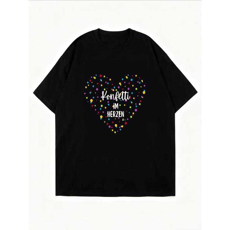 Cotton T Shirt White Heart Dots Print With Text For Casual Wear