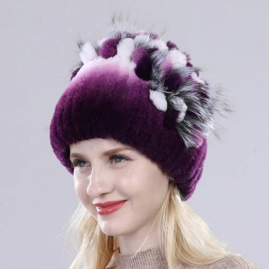 Brand Women Genuine Rex Rabbit Fur Hats Winter Rex Rabbit Fur Beanies Striped Top Flower Fox Fur Warm Real Fur Knit Caps