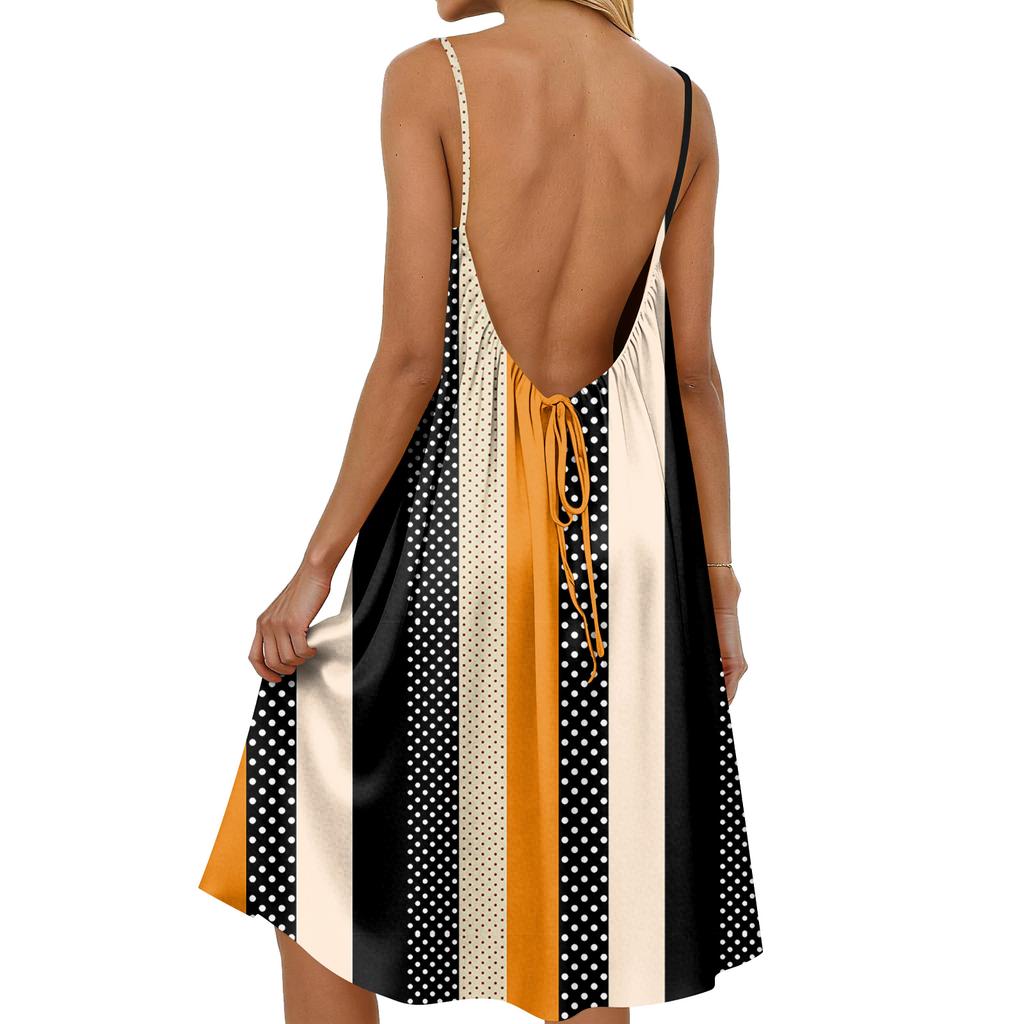 Damen-Rückenfreies Spaghettiträger-Kleid, Ärmelloses Dünn-Träger-Fließendes Strandurlaub-Kurzkleid, Mit Rückenband.