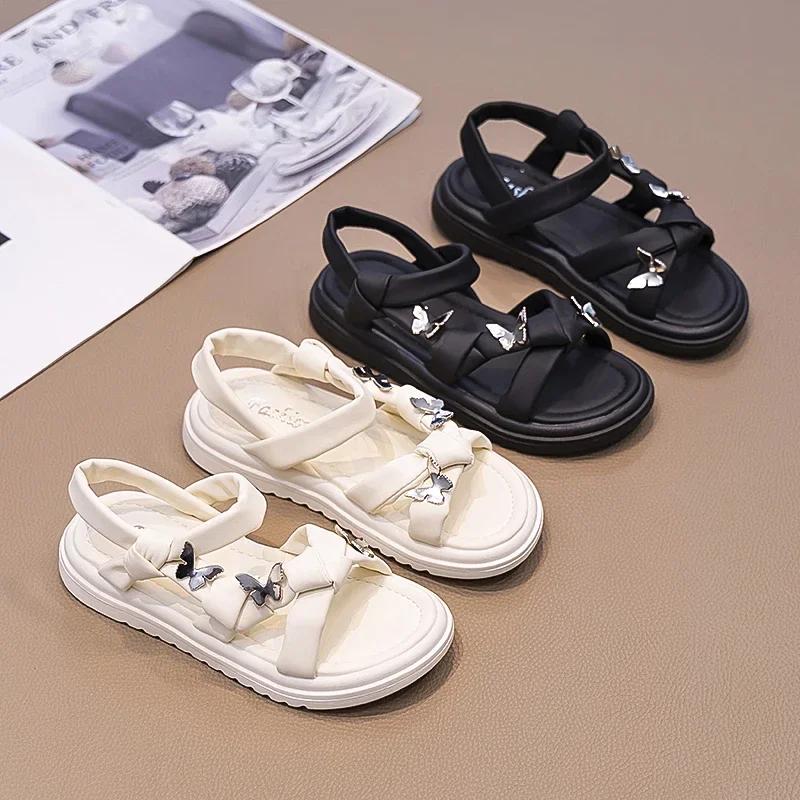 Girls Butterfly Sandals Princess Sweet Children New Trendy Chic Summer Beach Shoes Soft Beige Black with Metal Butterfly Cute