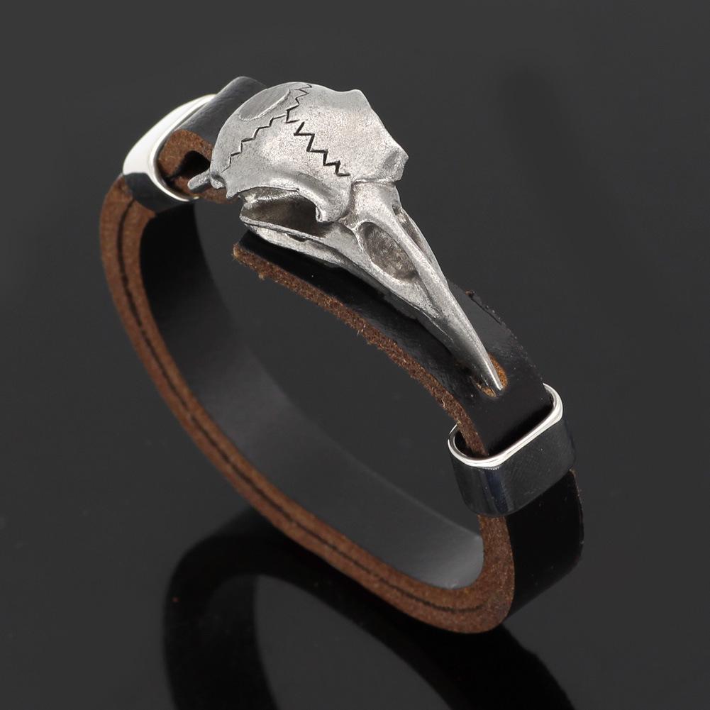 Nordic Viking Men s Bracelet: Pirate Skull  Crow Design with Cowhide and Stainless Steel