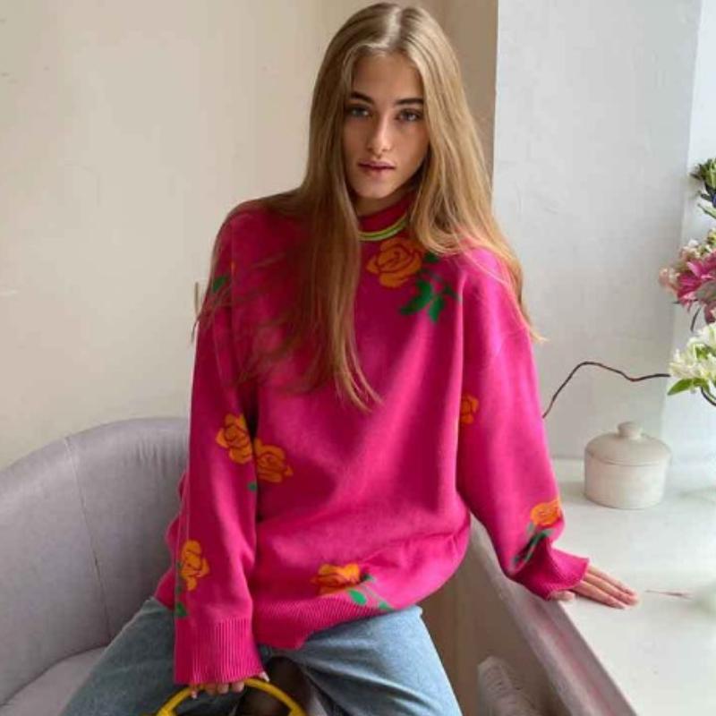 Herbst Rundhals Rose Print Gestrickte Pullover Frauen Winter Neue Mode Lose Pullover Pullover Weibliche Vintage Elegante Warme Casual Strickwaren Tops 24647