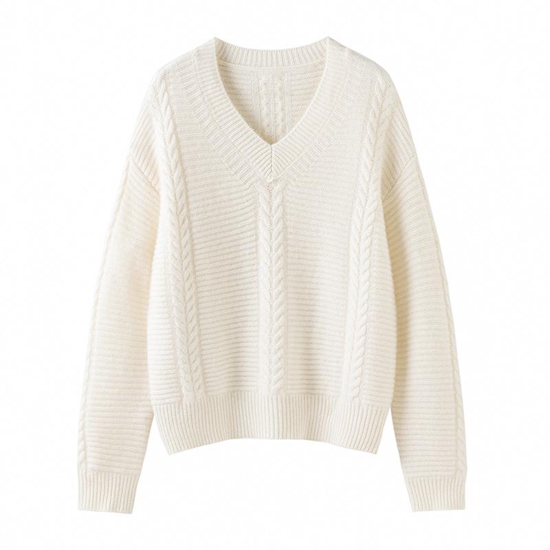 2025 Women's Wool V-neck Cable Knit Long Sleeve Sweater - Loose Fit Cashmere Autumn Winter Top