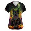 Women's V-neck Halloween Printed Short-sleeved Pocket Side-slit Protective Suit Top