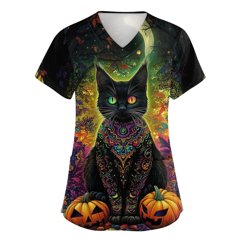 Women's V-neck Halloween Printed Short-sleeved Pocket Side-slit Protective Suit Top