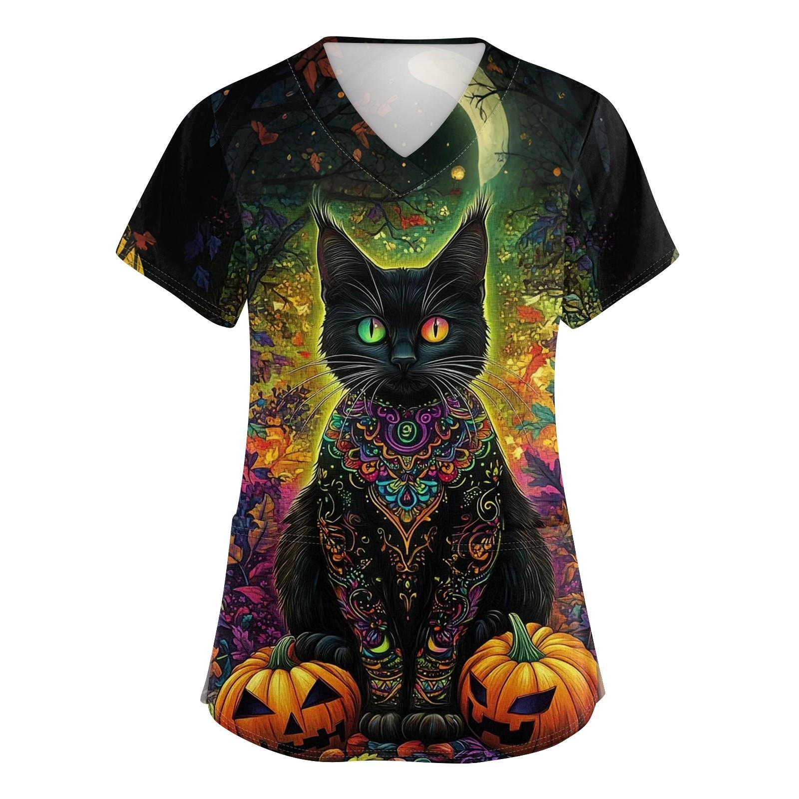 

Women s V-neck Halloween Printed Short-sleeved Pocket Side-slit Protective Suit Top L чорний