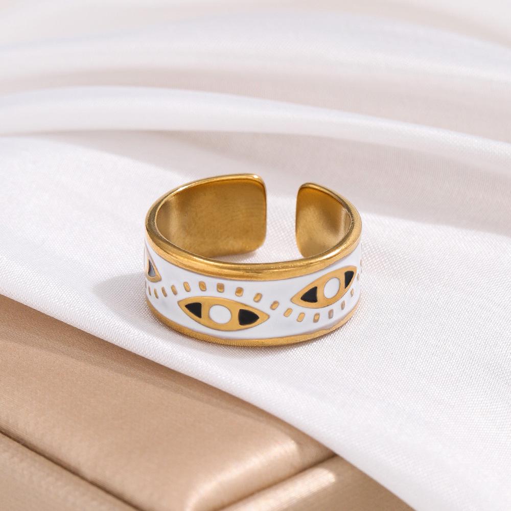 Evil Eye Enamel Ring - Retro Ethnic Style In Black & White, Stainless Steel