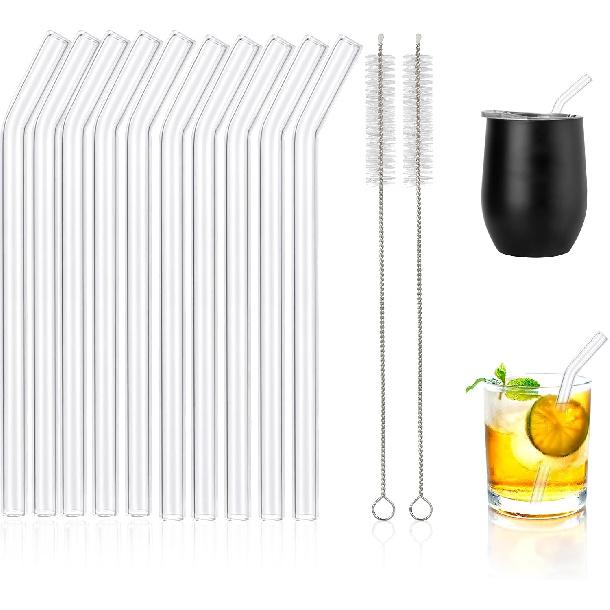 [10 Pcs] Reble Short Bent Glass Straws - 6" x 10 mm Clear Glass Straws Shatter Resistant Cocktail Straw With 2 Cleaning Brushes for