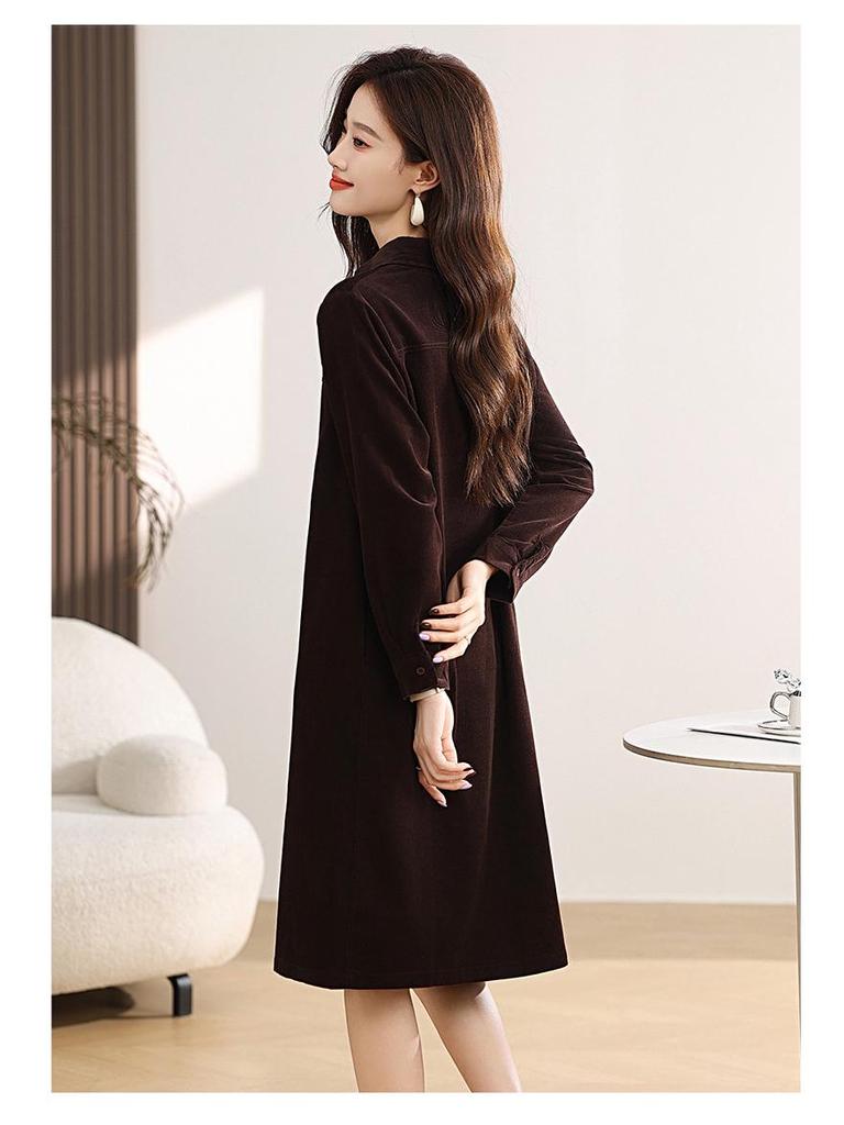 Women's Spring/Autumn Corduroy Long Sleeve Shirt Dress - Slimming, Age-Reducing Fit