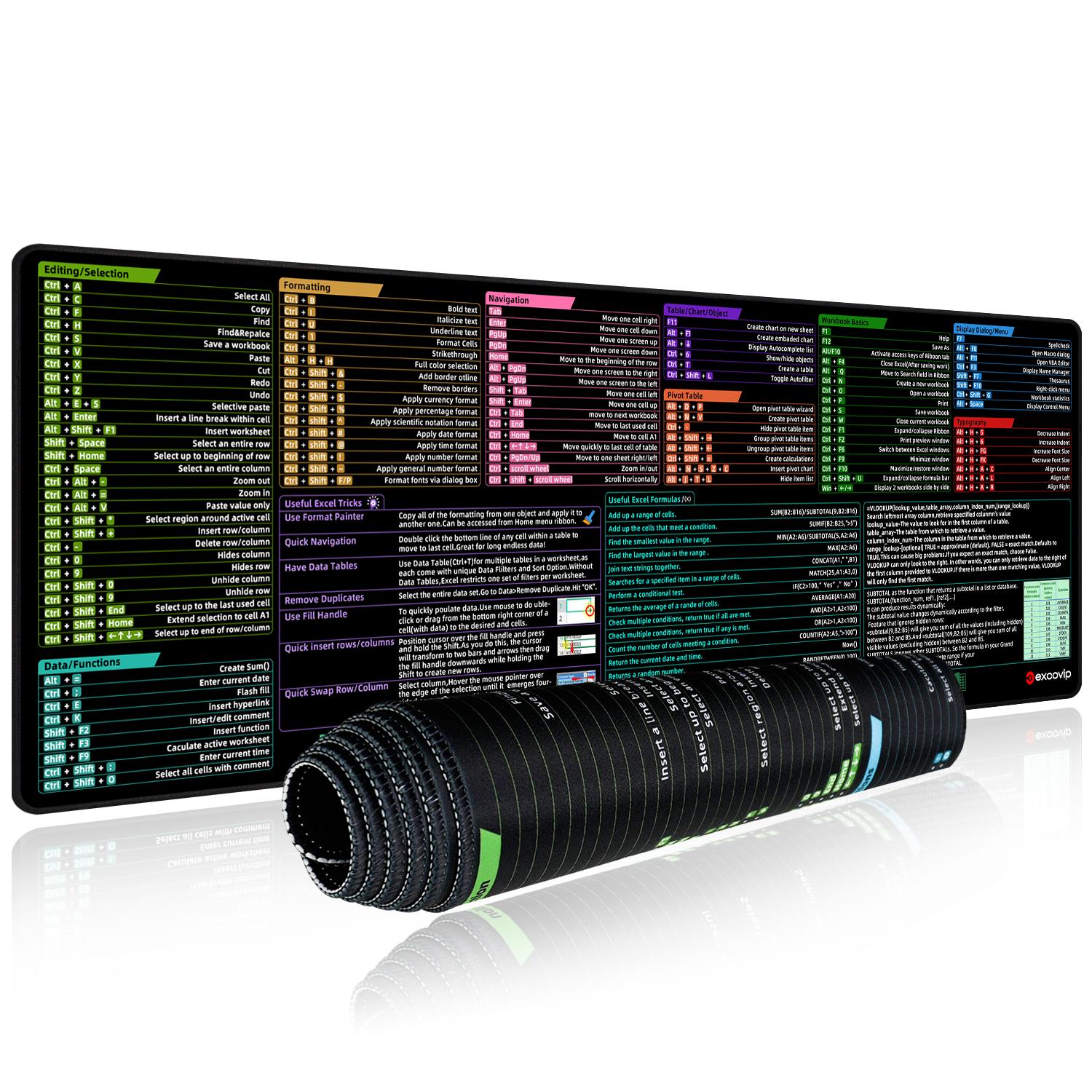 

Коврик для мыши с горячими клавишами Excel Большой расширенный коврик для стола Коврик для клавиатуры и мыши со сшитым краем Нескользящая резиновая основа для игр дома 800x300x2mm