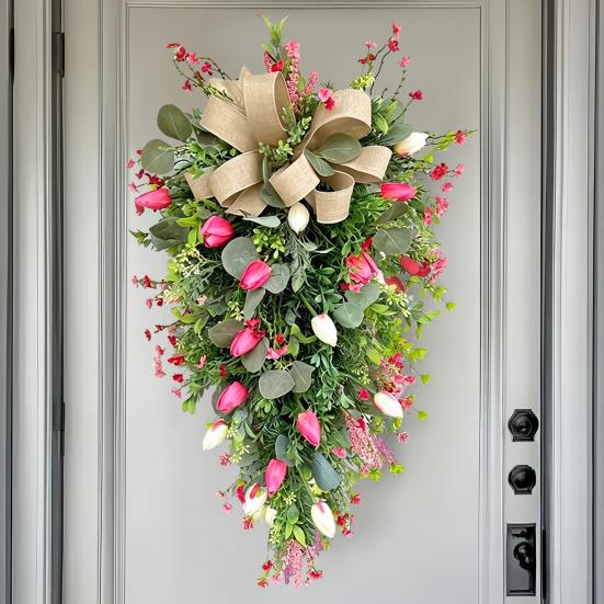 24" Tulip Teardrop Swag for Front Door Spring Artificial Teardrop Wreath with Burlap Bow for Farmhouse Kitchen Wall Mantel Decor