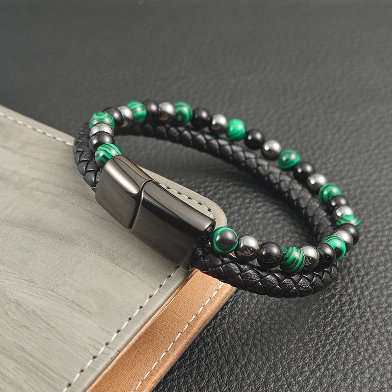 6mm Beaded Bracelet Peacock Stone / Agate / Hematite Bracelet Wood Grain Elastic Adjustment Men's Charm Bracelet Jewelry