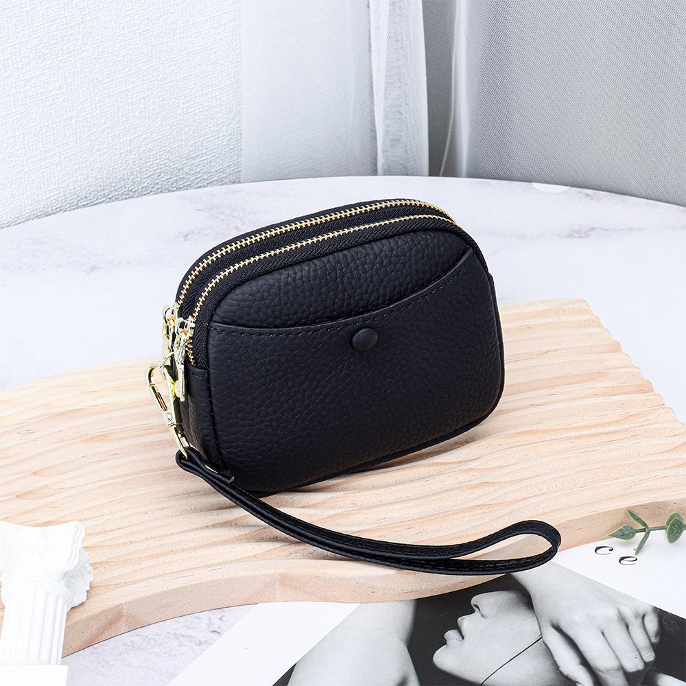 Women's Hand-held Change Purse Large-capacity Double-zipper Loose Money Lipstick Key Storage Bag First-layer Cowhide