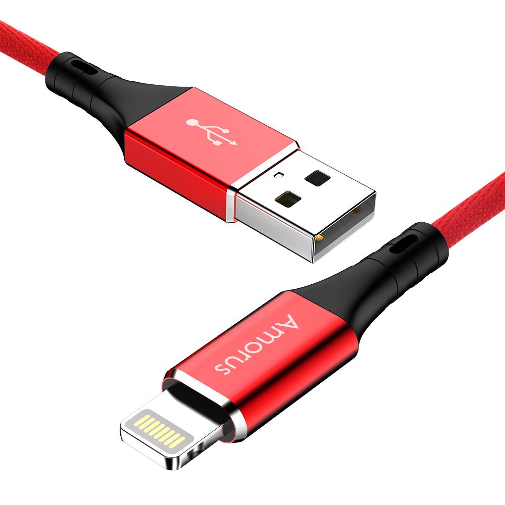 

AMORUS 2.4A Aluminium Alloy Cotton Cloth Braided Lightning 8Pin Charge Sync Data Cable Cord for iPhone iPad iPod Red