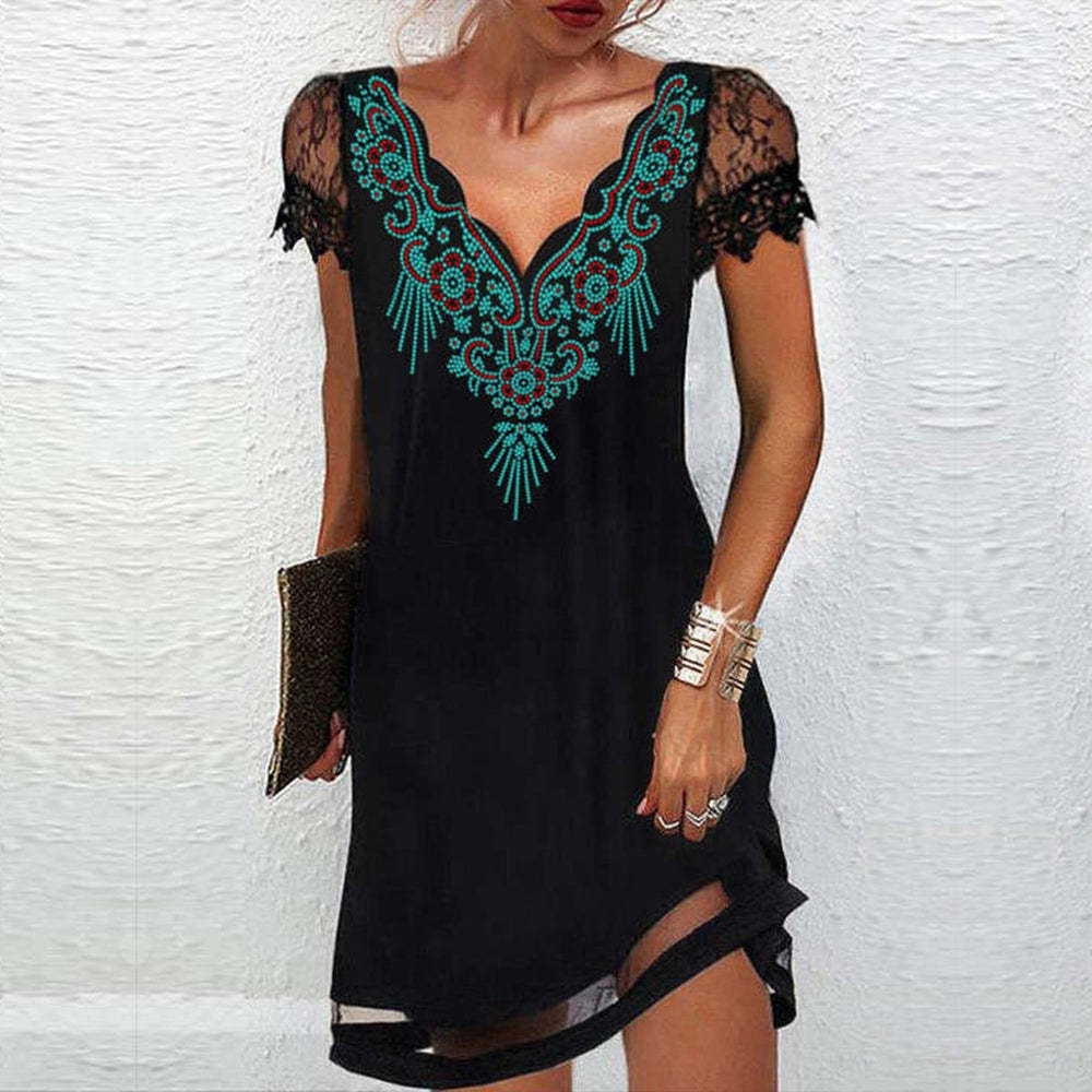 Women's Midi Dress V-Neck Short Sleeve Ethnic Style Dress Casual Gradual Print Lace Mesh Dress