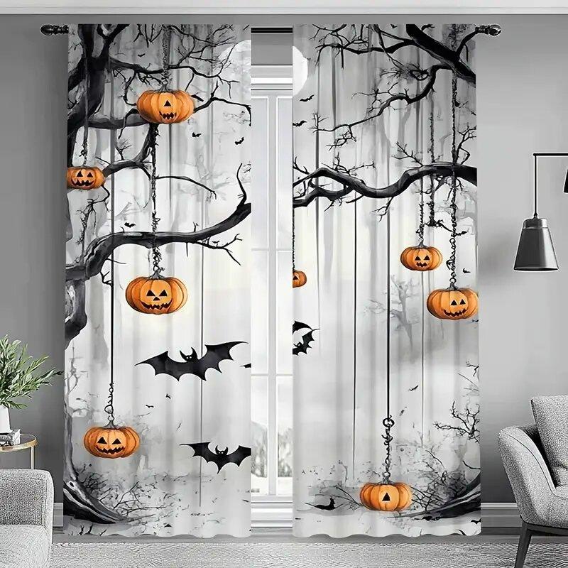 2PCS- Halloween night view pumpkin lantern pattern printed curtains   window decorations   home decorations   room decorations