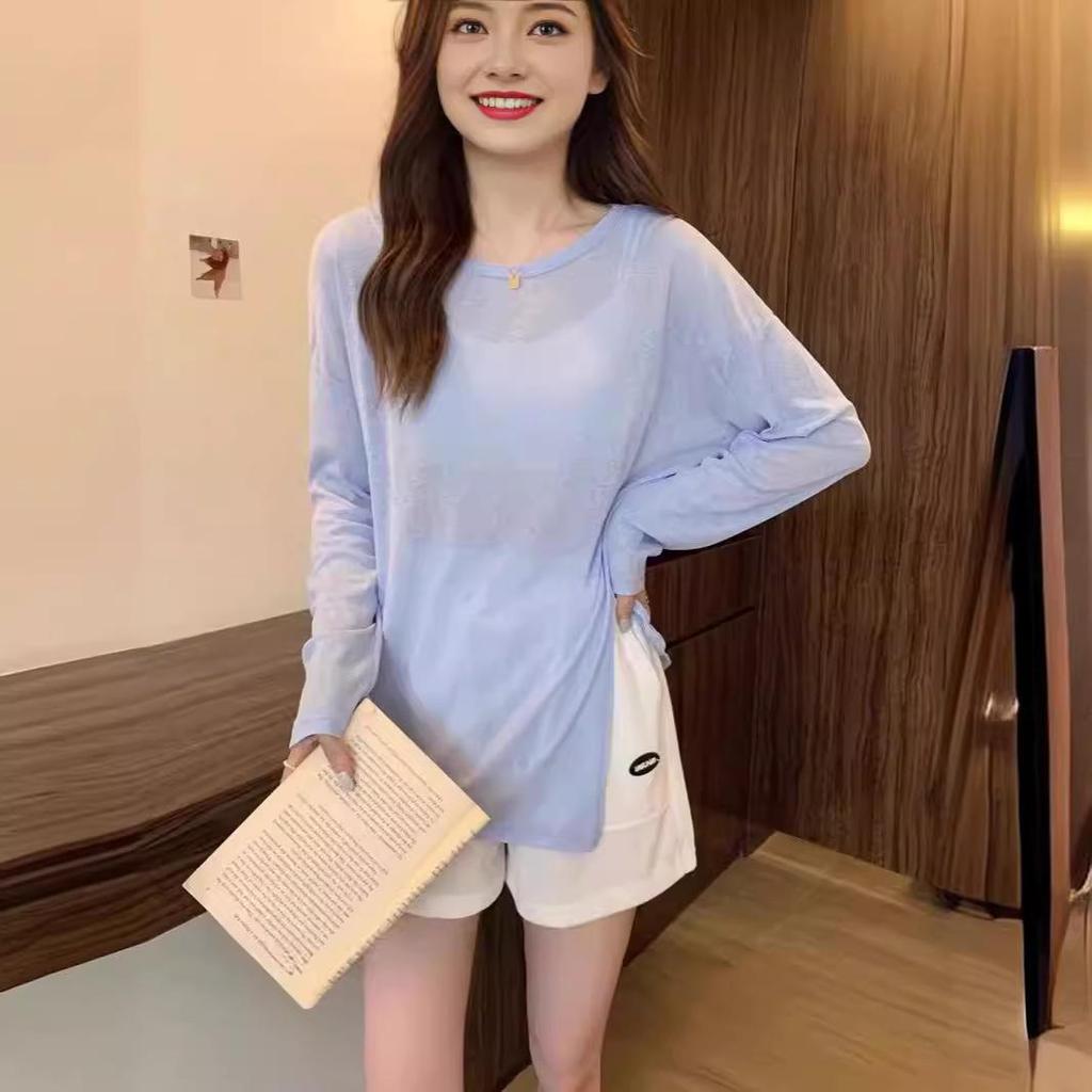 2025 Avocadogrüne, schicke Langarm-Sonnenschutzbluse mit unregelmäßigem Schlitz für Damen