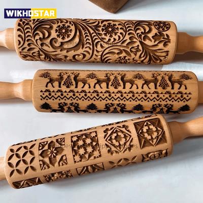 1 pz Mattarello di Natale in Legno con Motivi di Fiori di Renna per Pasticceria da Cucina, Strumenti per Cottura Fai da Te Stampo per Biscotti 3D Goffrato
