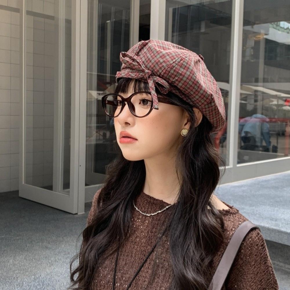 Korean Style Plaid Beret Hat Keep Warm Women Octagonal Cap Simple Women Painter Hat  All-match