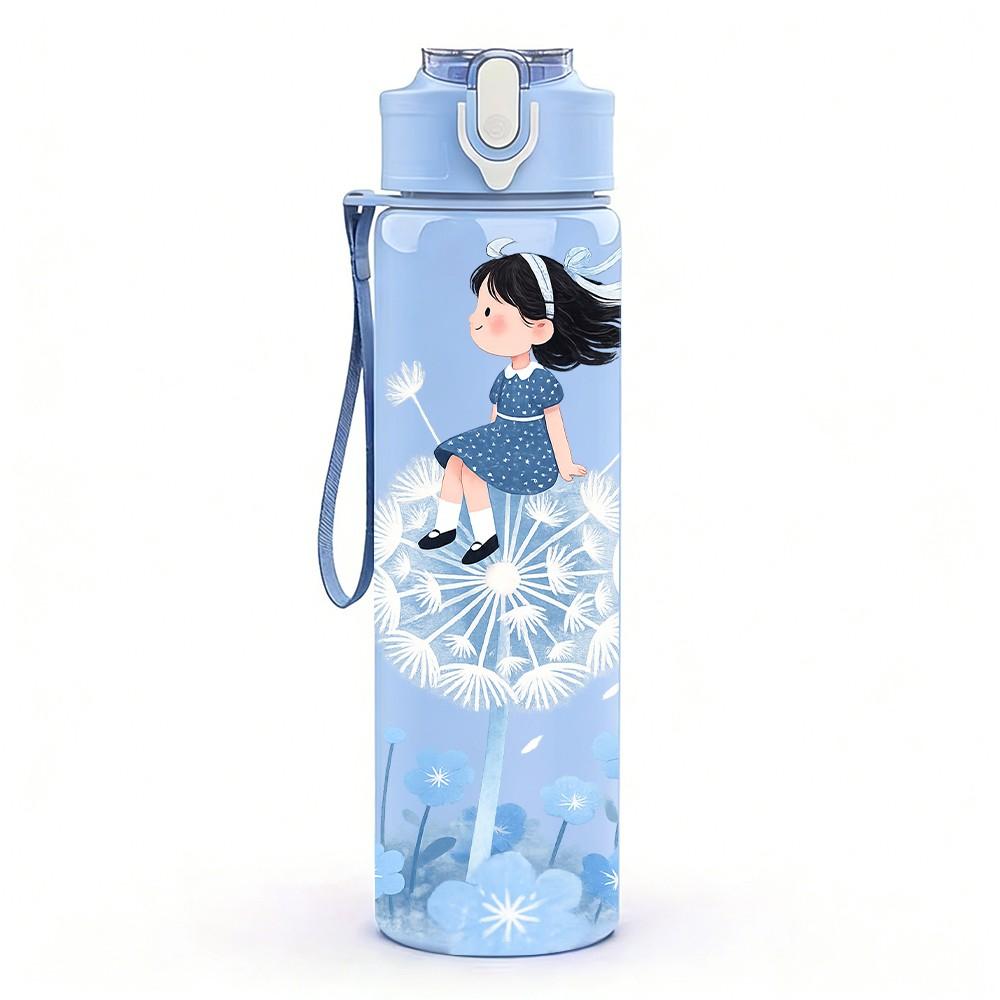 1PC Girl On Bubble Watercolor Pattern 750ml Color Plastic Sports Water Bottle Leakproof Flip Straw Lid Suitable for Sports Office Home Use
