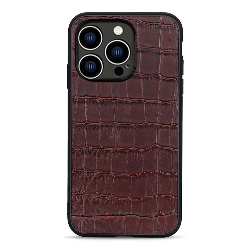 

For iPhone 15 Pro Anti-Scratch Shell Crocodile Texture Genuine Cow Leather+TPU+PC Phone Case Phone Cover Brown